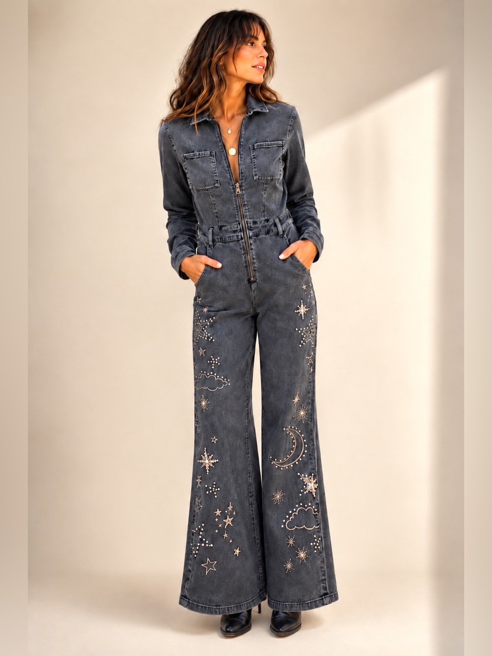 Driftwood Astral Celestial Embroidered Denim Jumpsuit in washed  Black M